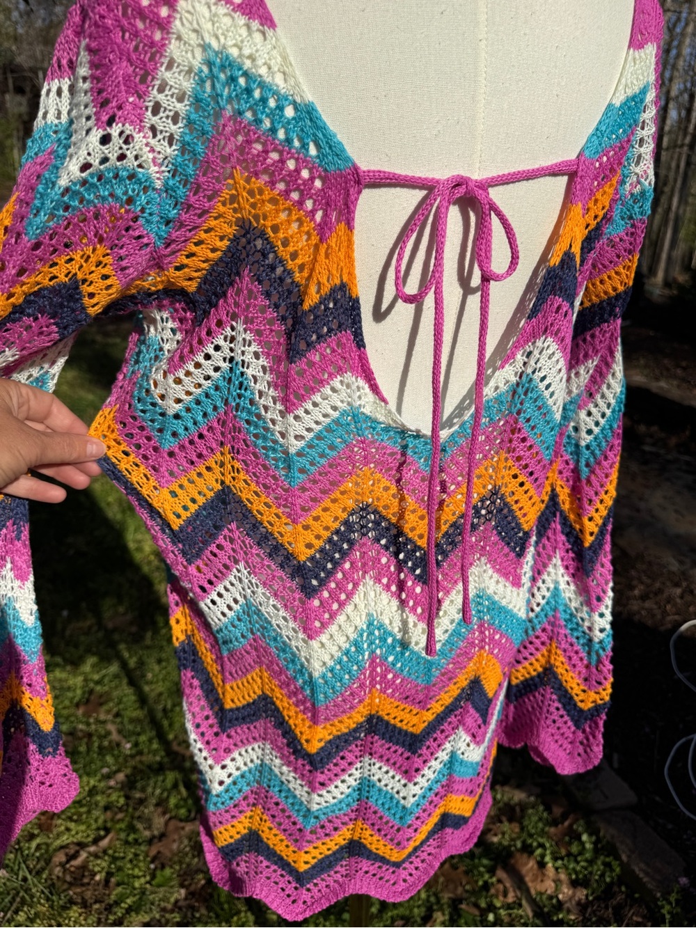 Colorful Crochet Chevron Swim Cover-Up Mini Dress Size Large Boho - Picture 10 of 12